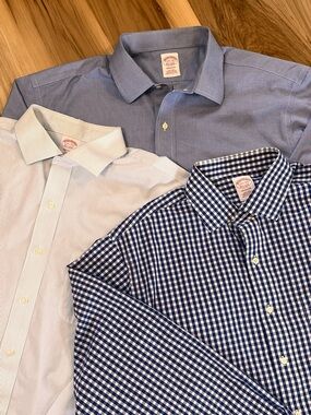 (3) Brooks Brothers 17.5 37 Blue Stripe Plaid Madison Button Down Shirt Non Iron